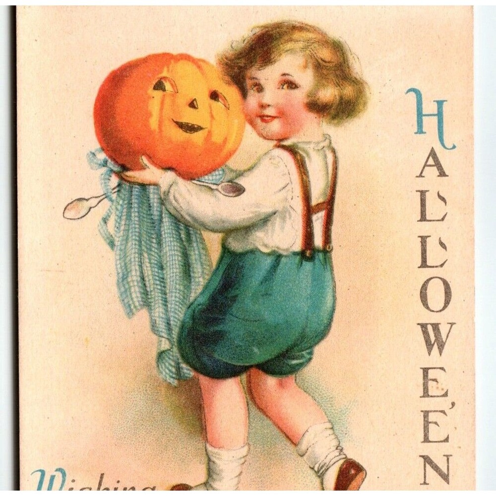 Halloween Postcard Unsigned Ellen Clapsaddle Child With Pumpkin Wolf 21 Antique
